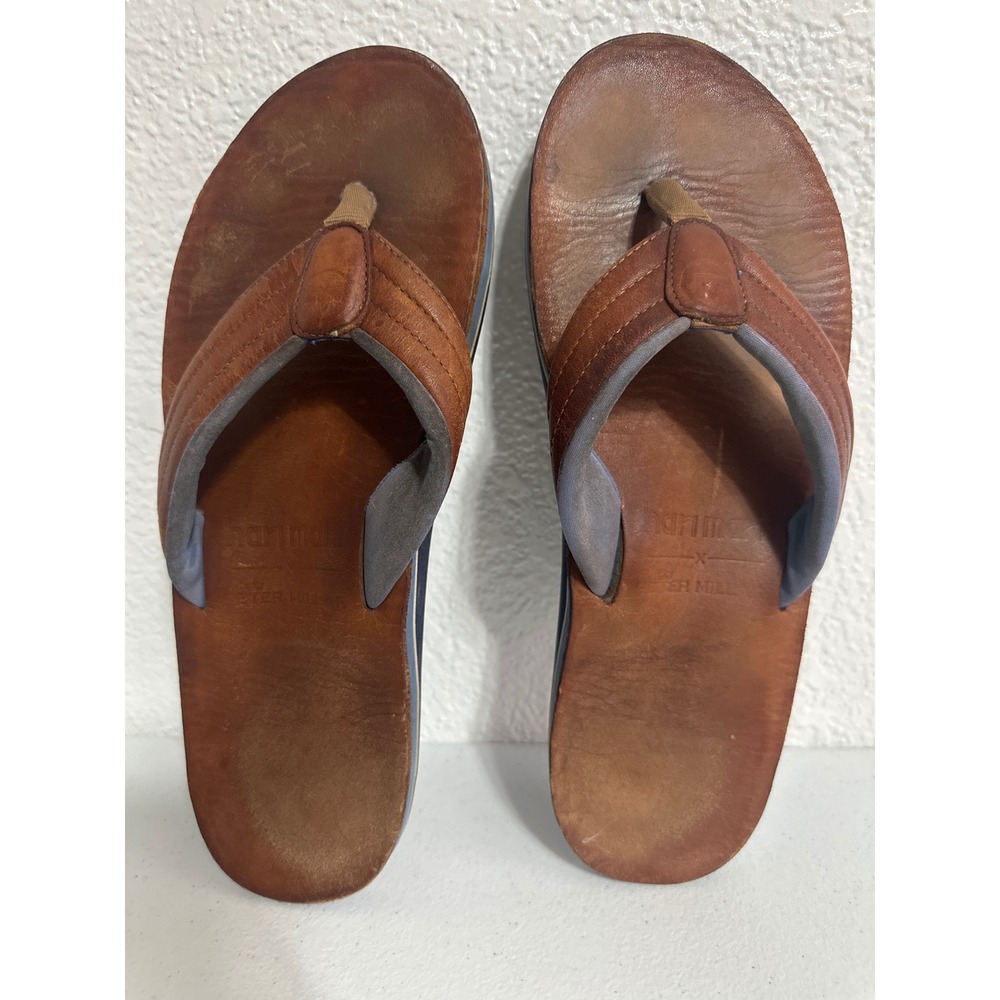 Hari Mari x Peter Millar Mens Leather Flip Flops Brown Blue Sandals  11 leather